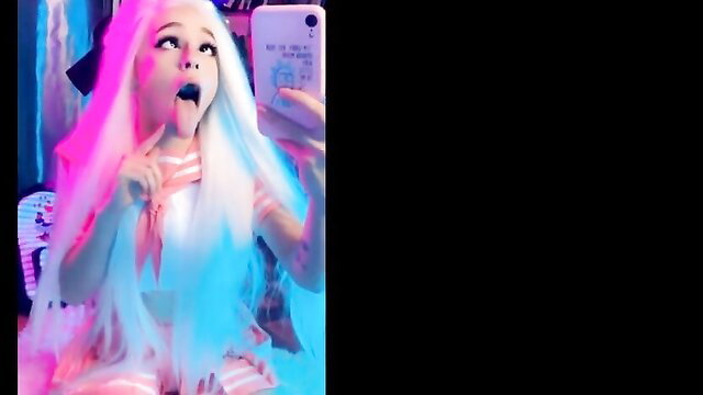 AliceBong snap cosplay girl ahegao face tongue out pink blue hair