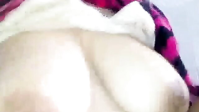 Hot wife Queen Sabrine topless in pink fluffy robe, big pale tits tease