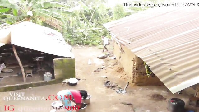 Outdoor African village amateur sex chase, girl pours water on man