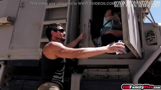 Emma Hix grabbed by buff daddy in tank top at desert truck door