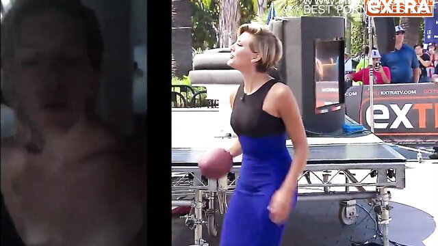 Charissa Thompson in tight blue dress at outdoor event with football