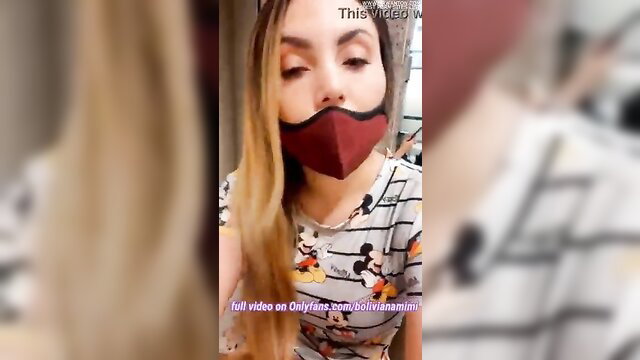 Bolivianamimi blonde in mask and Mickey top, no panties airport tease
