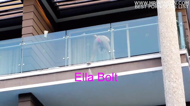 Ella Bolt nude on balcony, caught spying while riding big dildo and squirting