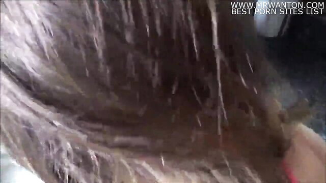 Miss Brat's wet brunette hair in closeup from anal stepmom video