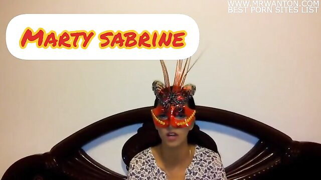 Marty Sabrineine masked Asian amateur in sexy blouse and eye chair