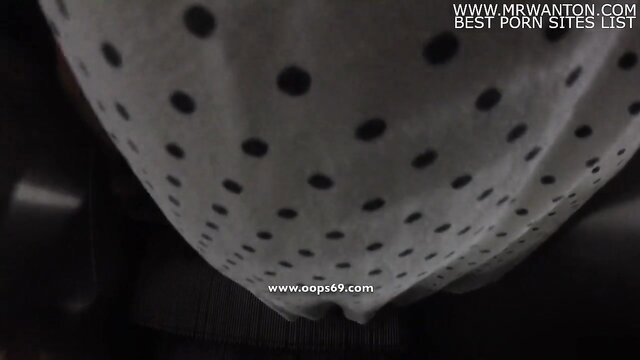 Polka dot dress lifted up closeup on woman's panty-covered pussy