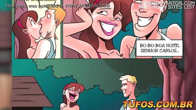 Cartoon Família Sacana babes kissing smiling guy, redhead spanks ass HD