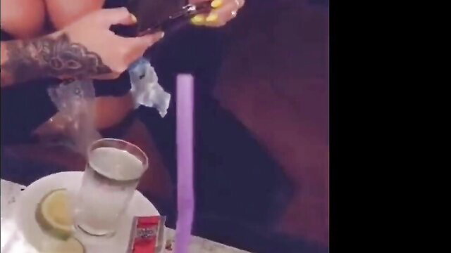 Tattooed British slapper pouring booze on tits in Tenerife vacation