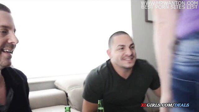 Chubby housewife threesome with two excited Latino guys on couch