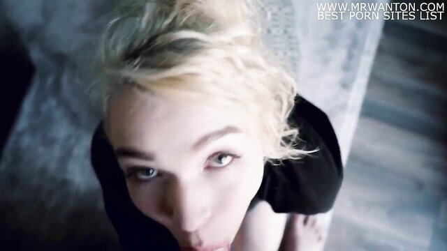 Skinny blonde girl POV blowjob closeup, big ass gag facial tease