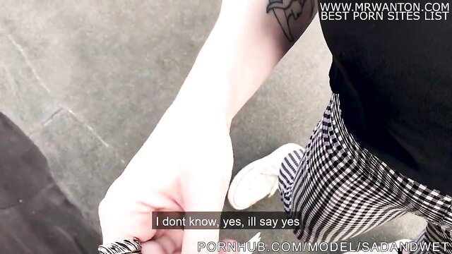Tattooed amateur babe in checkered skirt gives messy blowjob outdoors