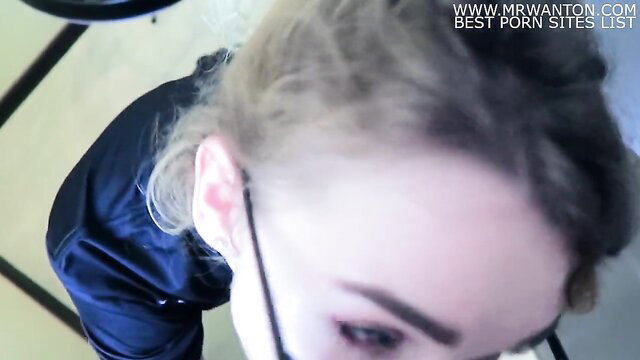 Blonde teen POV face fuck with mask, closeup oral action