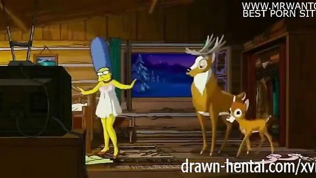 Marge Simpson hentai in cabin with Bambi deer family, blue beehive hair