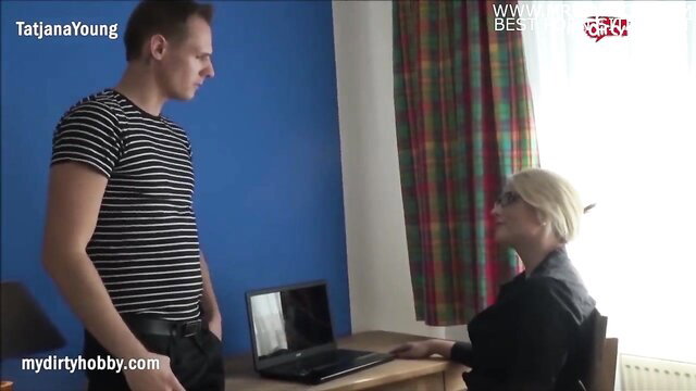 Gorgeous blonde boss in suit seduces employee at desk on MyDirtyHobby