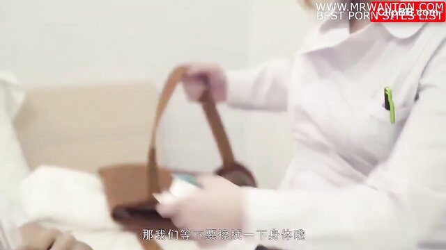 Chinese nurse in white uniform holding brown purse close-up