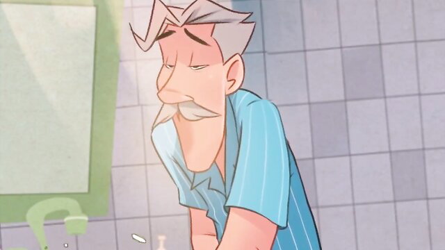 Silver-haired mature man sweating in bathroom, shirt open, Tufos adult scene