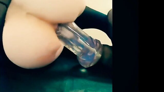 Busty babe's pale ass cheeks squeezing clear anal dildo toy