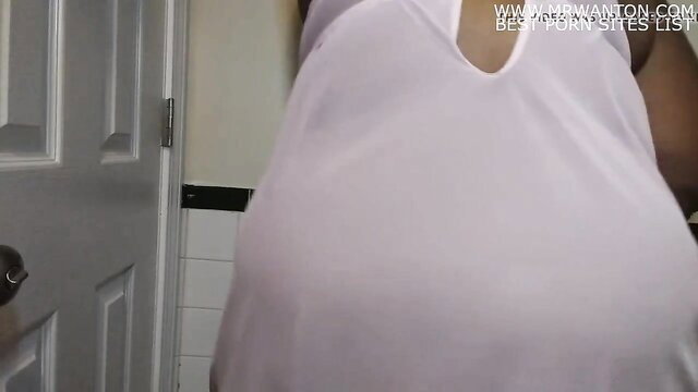 Ebony BBW in sheer white dress stuffs thong in wet pussy, solo tease