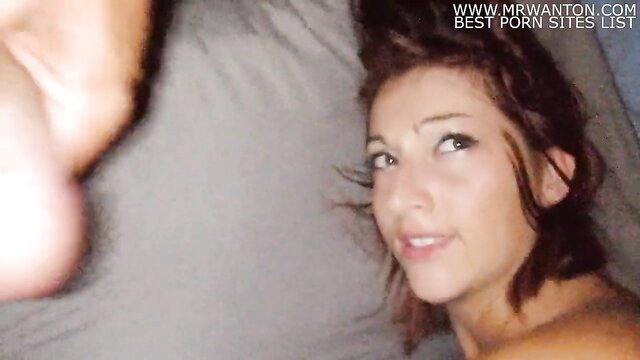 Brunette amateur babe POV blowjob, begging for cock on bed