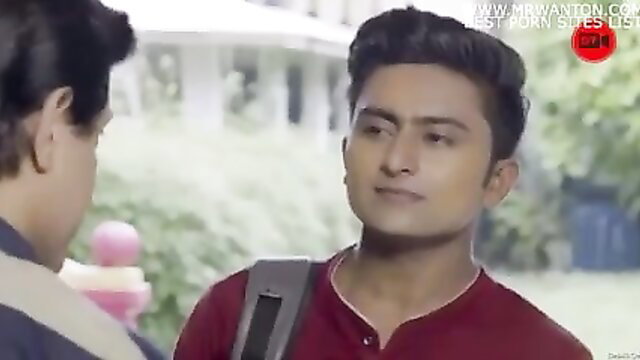 Two handsome Indian guys in tight shirts chat outside in Raseele Padosan Ep 1