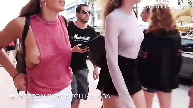 Bitchinbubba public nudity: topless white blonde see-thru top tits out
