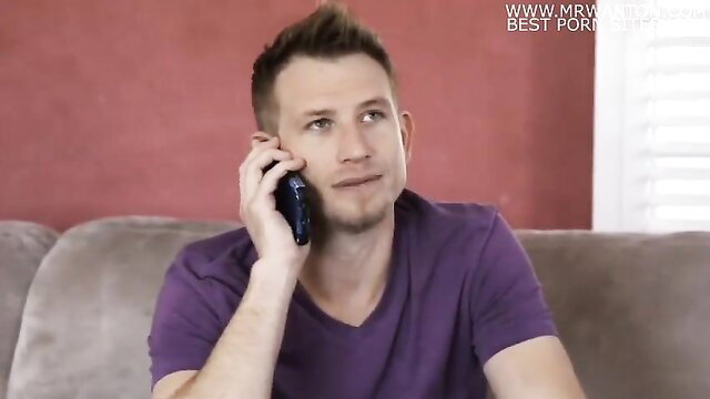 Husband cuckold on phone call, watching wife intently