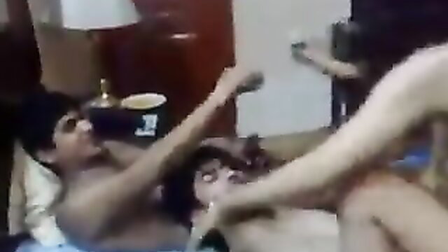 Desi hotel threesome with two slim Indian boys wrestling nude