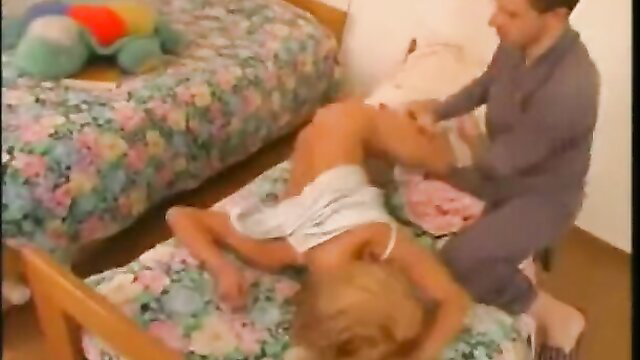 Blonde teen spread on bed, man groping in taboo mom son sister trio