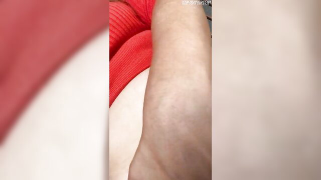 Amateur solo babe flashes tits and masturbates on porch in red sweater