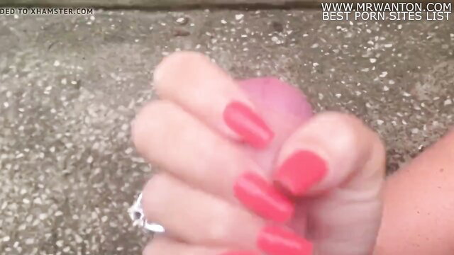 Wife's red nails wank hard cock outdoors for nail lovers
