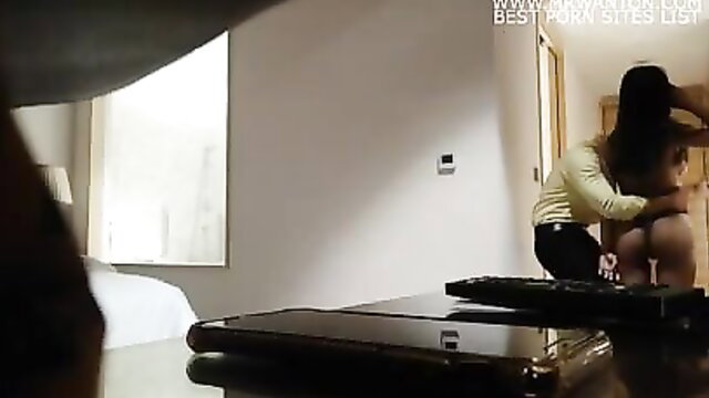 Asian woman in tight dress squats over cock in surprise room service sex