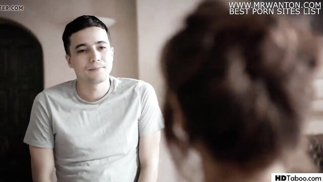 Perv stepbrothers chatting with hot stepmom before double fuck