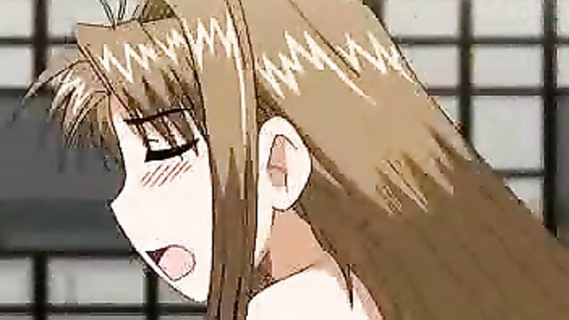 Ahegao anime girl with long brown hair, flushed face, open mouth in ecstasy
