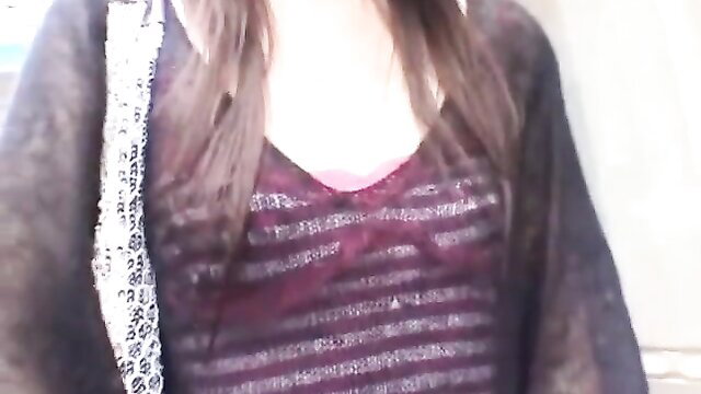 CFNM Asian beauty in sheer striped top with deep cleavage closeup