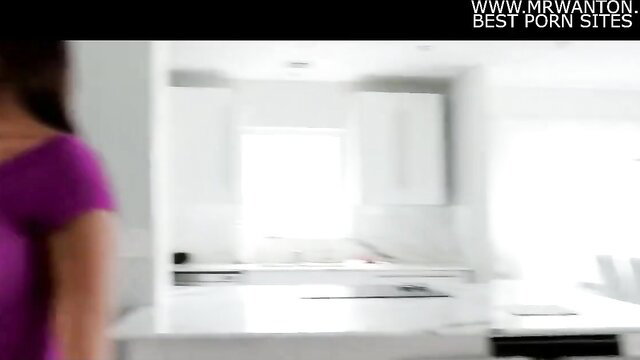 Horny babe Alexis in tight purple top in kitchen, craving huge cock