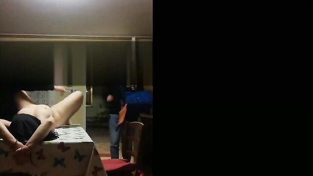 Nude Asian girl flashing pizza guy on table in amateur home video
