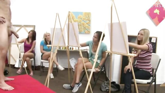 CFNM art class with nude male model posed for female students drawing