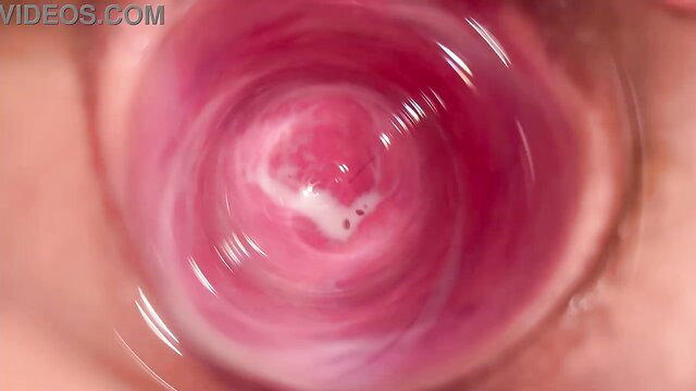Close-up camera deep inside Mia Foster's wet pink vagina