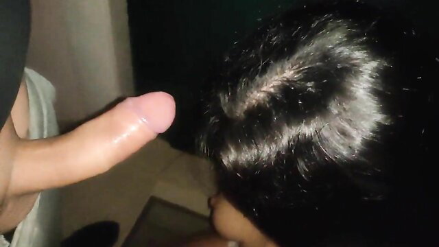 Outdoor dirty mom sucks lover's cock by door