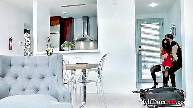 Sheena Ryder manhandled by guy in red dress stockings