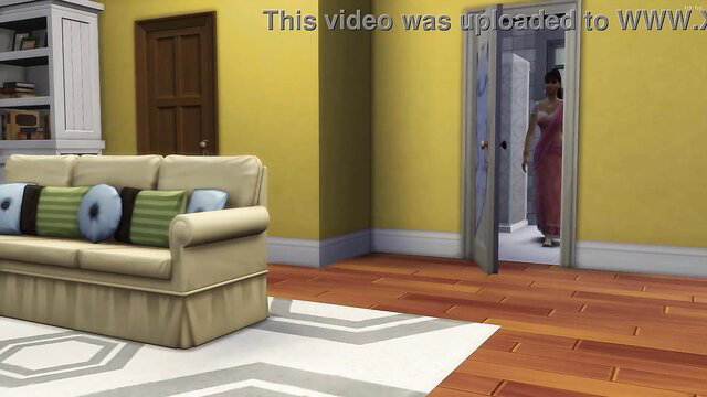 Indian stepmom in red dress peeks at nerd stepson masturbating to porn