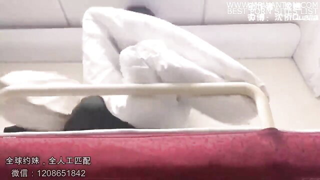 Asian woman fucked hard on train in white bedding, explicit JAV sex