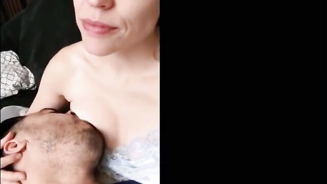 Wife breastfeeds husband in lingerie for double orgasm