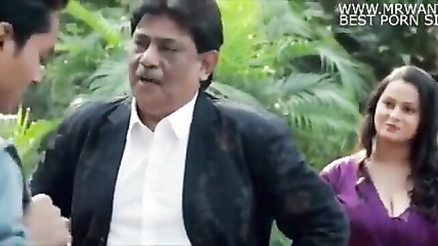 Indian MILF in purple dress with two men outdoors in hot desi threesome