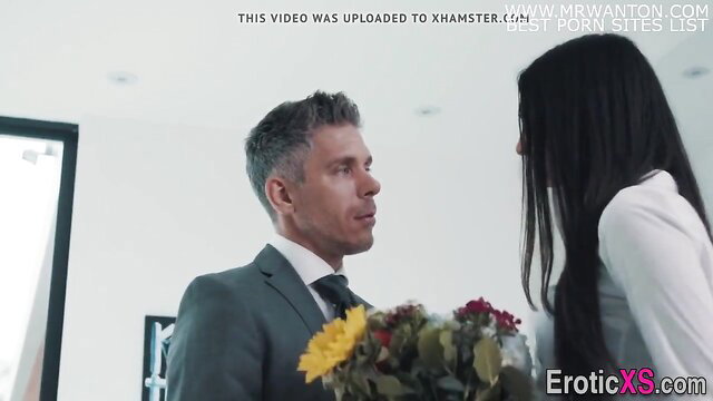 Cute brunette in white blouse receives flowers from boss Mick Blue
