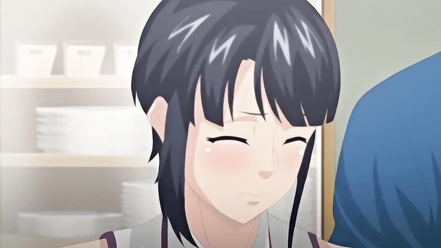 Blushing anime wife in apron, Hajimete No Hitozuma 2 hentai closeup