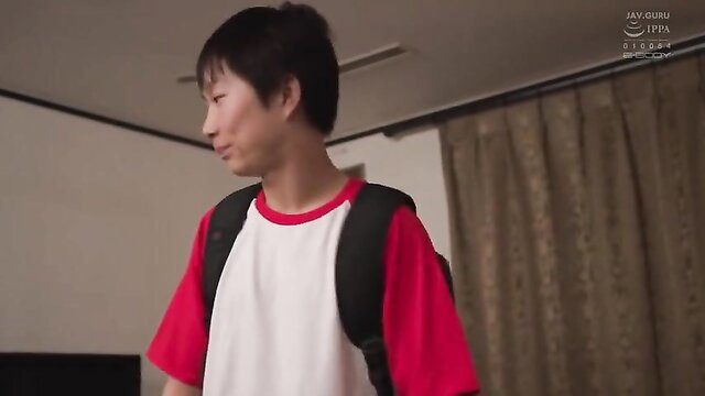 Mina Kitano as young mama in red-white shirt, JAV breastfeeding teaser