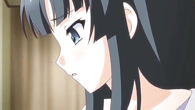 Cute anime girl with blue eyes and black hair in seductive hentai threesome preview