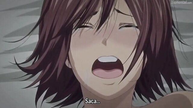 Anime hentai girl with brown hair in intense ahegao face closeup