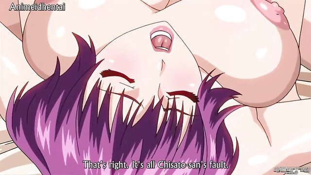 Busty purple-haired hentai babe with huge tits blames Chisato in horny anime porn
